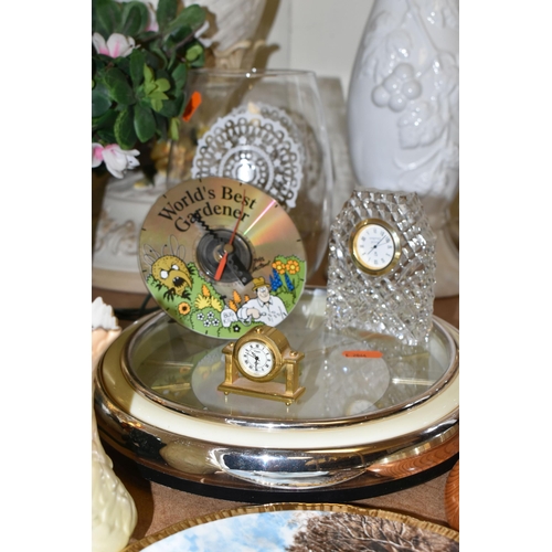 478 - A GROUP OF CABINET PLATES, WALL CLOCKS AND PLANTERS, to include two ceramic planters and stands, thr... 