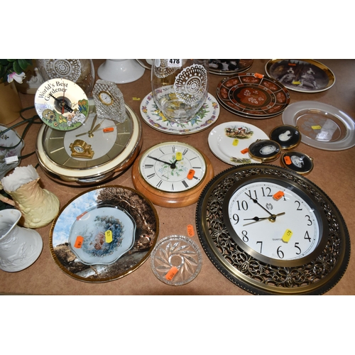 478 - A GROUP OF CABINET PLATES, WALL CLOCKS AND PLANTERS, to include two ceramic planters and stands, thr... 