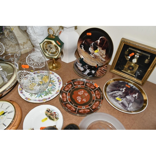 478 - A GROUP OF CABINET PLATES, WALL CLOCKS AND PLANTERS, to include two ceramic planters and stands, thr... 