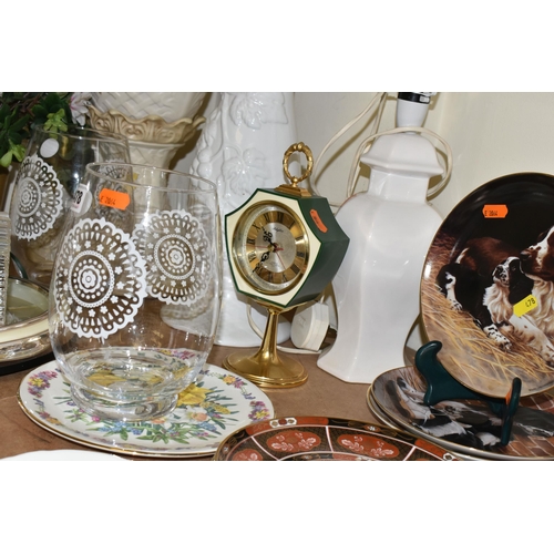 478 - A GROUP OF CABINET PLATES, WALL CLOCKS AND PLANTERS, to include two ceramic planters and stands, thr... 