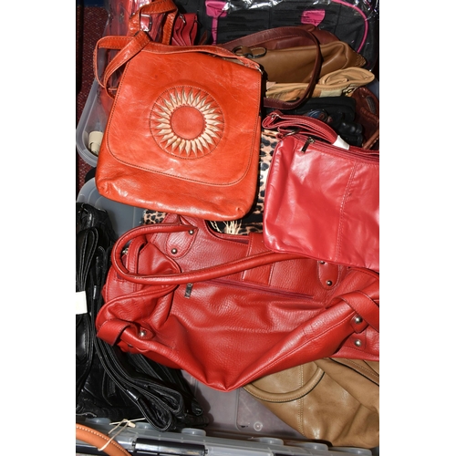 480 - TWO BOXES OF LADIES' HANDBAGS, mostly new and unused, to include twenty four hand bags and shoulder ... 