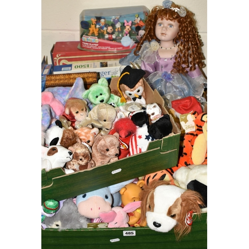 485 - THREE BOXES OF TY BEANIE BABIES, PORCELAIN DOLL AND GAMES, top include a Leonardo Collection porcela... 