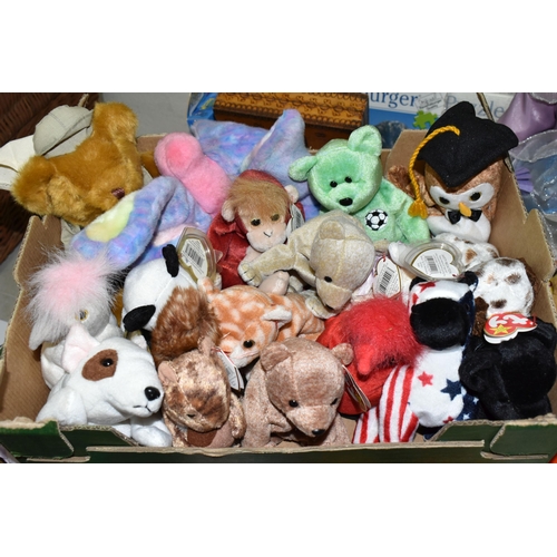 485 - THREE BOXES OF TY BEANIE BABIES, PORCELAIN DOLL AND GAMES, top include a Leonardo Collection porcela... 