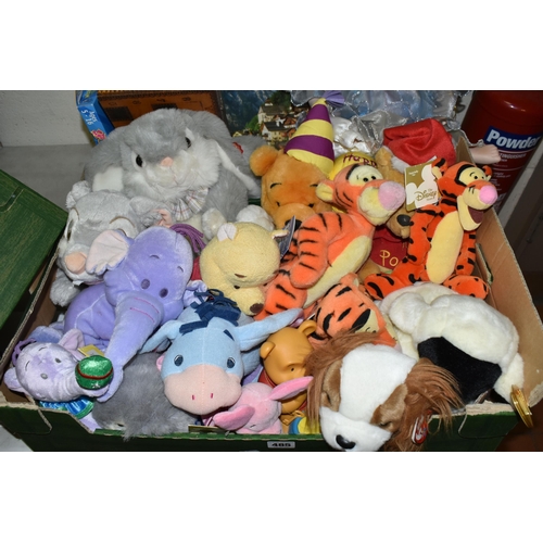 485 - THREE BOXES OF TY BEANIE BABIES, PORCELAIN DOLL AND GAMES, top include a Leonardo Collection porcela... 