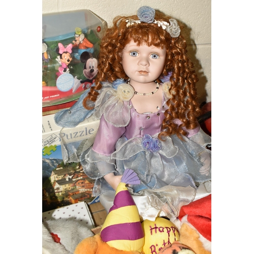 485 - THREE BOXES OF TY BEANIE BABIES, PORCELAIN DOLL AND GAMES, top include a Leonardo Collection porcela... 