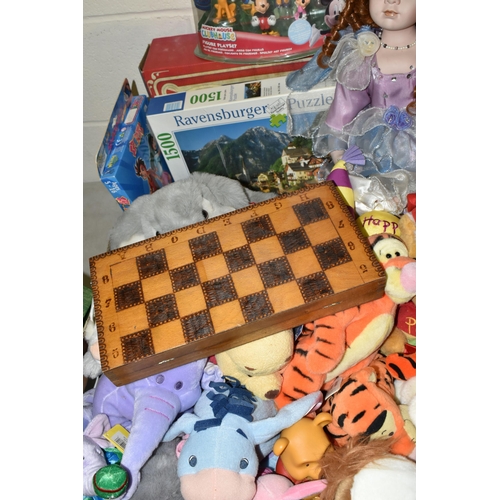 485 - THREE BOXES OF TY BEANIE BABIES, PORCELAIN DOLL AND GAMES, top include a Leonardo Collection porcela... 