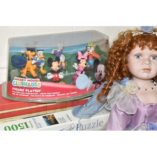 485 - THREE BOXES OF TY BEANIE BABIES, PORCELAIN DOLL AND GAMES, top include a Leonardo Collection porcela... 