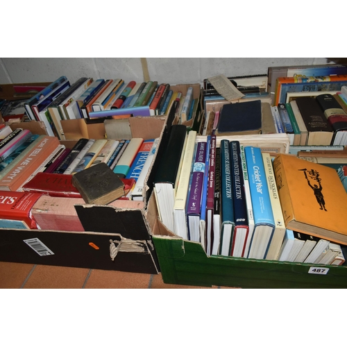 487 - FIVE BOXES OF BOOKS, to include approximately one hundred hardback books, titles include Biggles Fli... 