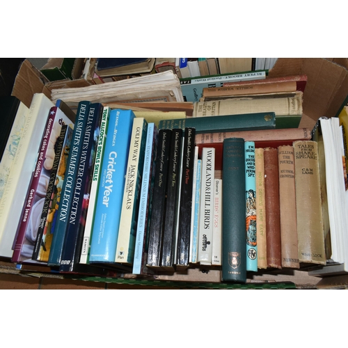 487 - FIVE BOXES OF BOOKS, to include approximately one hundred hardback books, titles include Biggles Fli... 