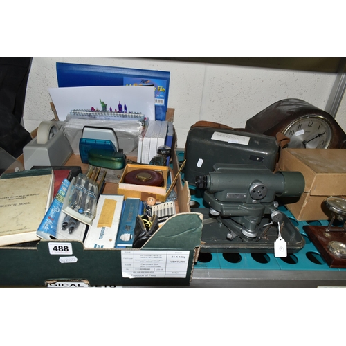 488 - ONE BOX OF STATIONERY AND TECHNICAL DRAWING EQUIPMENT, to include a Hilger & Watts theodolite/survey... 