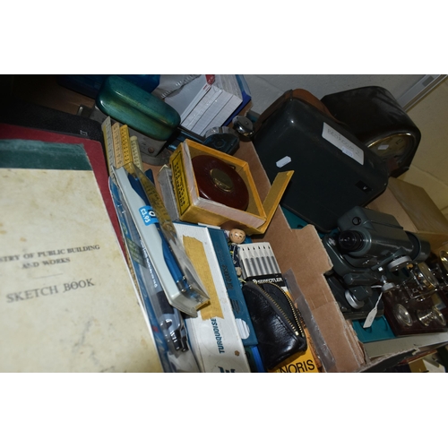 488 - ONE BOX OF STATIONERY AND TECHNICAL DRAWING EQUIPMENT, to include a Hilger & Watts theodolite/survey... 