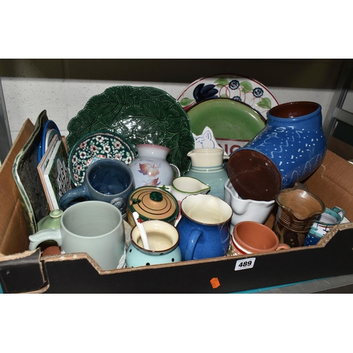 489 - FOUR BOXES OF CERAMICS AND STUDIO POTTERY, to include two blue and white Wade 'Rington's' tea caddie... 