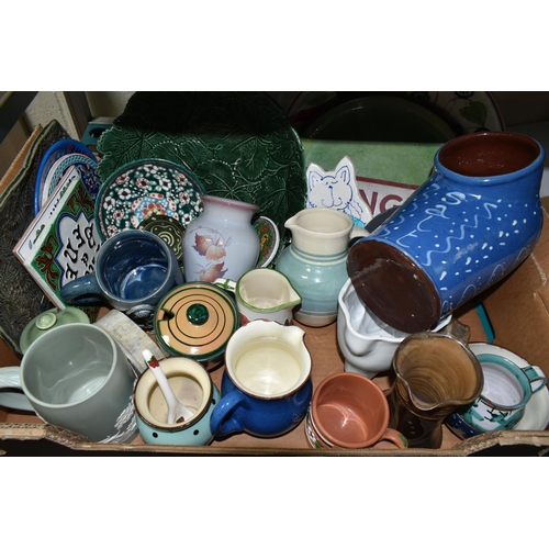 489 - FOUR BOXES OF CERAMICS AND STUDIO POTTERY, to include two blue and white Wade 'Rington's' tea caddie... 