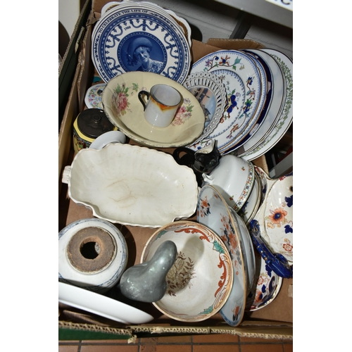 489 - FOUR BOXES OF CERAMICS AND STUDIO POTTERY, to include two blue and white Wade 'Rington's' tea caddie... 