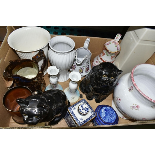 489 - FOUR BOXES OF CERAMICS AND STUDIO POTTERY, to include two blue and white Wade 'Rington's' tea caddie... 