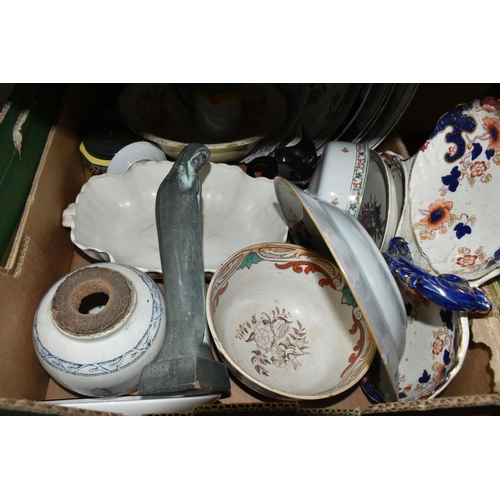 489 - FOUR BOXES OF CERAMICS AND STUDIO POTTERY, to include two blue and white Wade 'Rington's' tea caddie... 