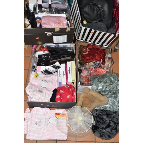 492 - FOUR BOXES OF LADIES' SOCKS, SCARVES, GIFT SETS AND HATS, to include two unused Strada watch and sca... 