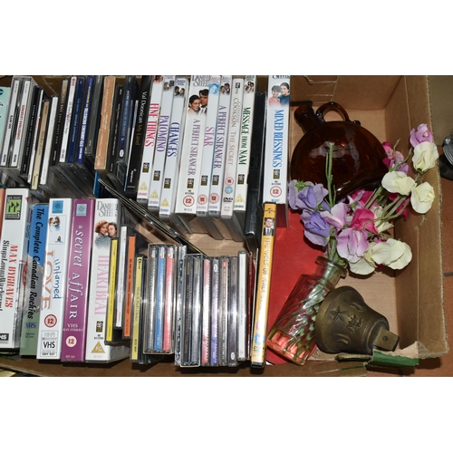 494 - TWO BOXES OF METALWARE, DVDS AND CDS, to include a small brown vintage glass flagon, a three section... 