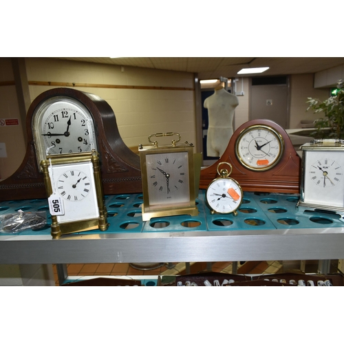 505 - SIX ASSORTED CLOCKS, comprising a brass carriage clock - movement runs briefly, an oak cased mantel ... 