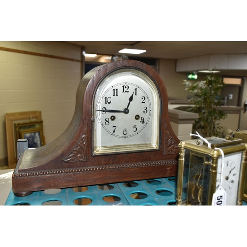 505 - SIX ASSORTED CLOCKS, comprising a brass carriage clock - movement runs briefly, an oak cased mantel ... 