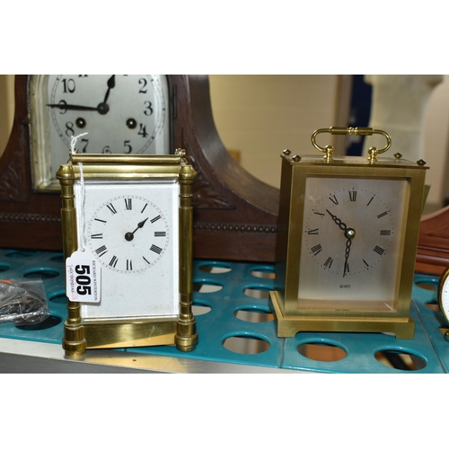 505 - SIX ASSORTED CLOCKS, comprising a brass carriage clock - movement runs briefly, an oak cased mantel ... 