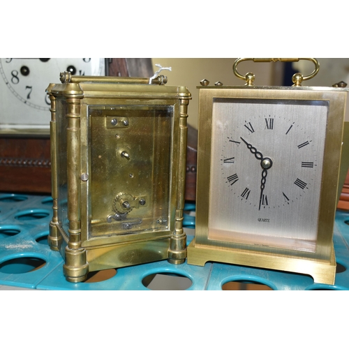 505 - SIX ASSORTED CLOCKS, comprising a brass carriage clock - movement runs briefly, an oak cased mantel ... 