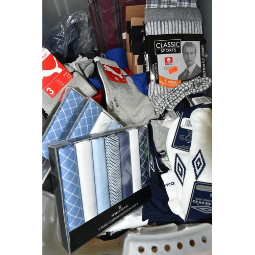 508 - FOUR BOXES OF MEN'S UNUSED SOCKS, PANTS, GIFT SETS AND SUNDRIES IN ORIGINAL PACKAGING, to include a ... 