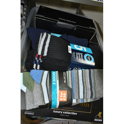 508 - FOUR BOXES OF MEN'S UNUSED SOCKS, PANTS, GIFT SETS AND SUNDRIES IN ORIGINAL PACKAGING, to include a ... 