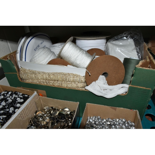 510 - FOURTEEN BOXES OF HABERDASHERY AND SUNDRY ITEMS ETC, to include reels of commercial sewing machine c... 