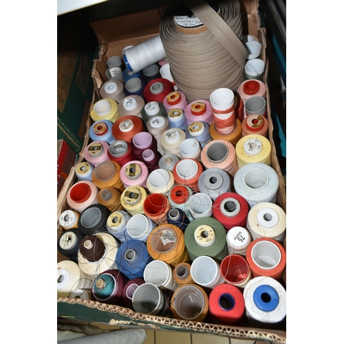 510 - FOURTEEN BOXES OF HABERDASHERY AND SUNDRY ITEMS ETC, to include reels of commercial sewing machine c... 