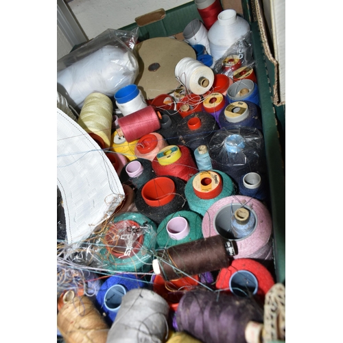 510 - FOURTEEN BOXES OF HABERDASHERY AND SUNDRY ITEMS ETC, to include reels of commercial sewing machine c... 