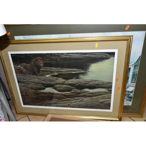 514 - A SMALL QUANTITY OF PRINTS ETC, to include a signed Robert Bateman print of a lion, signed  Jonathan... 