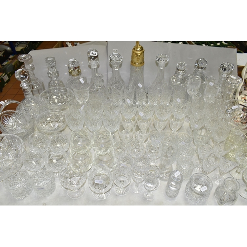 516 - A QUANTITY OF CUT GLASS WARES ETC, to include eleven decanters including a Stuart example, a gilt mo... 