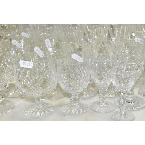 516 - A QUANTITY OF CUT GLASS WARES ETC, to include eleven decanters including a Stuart example, a gilt mo... 