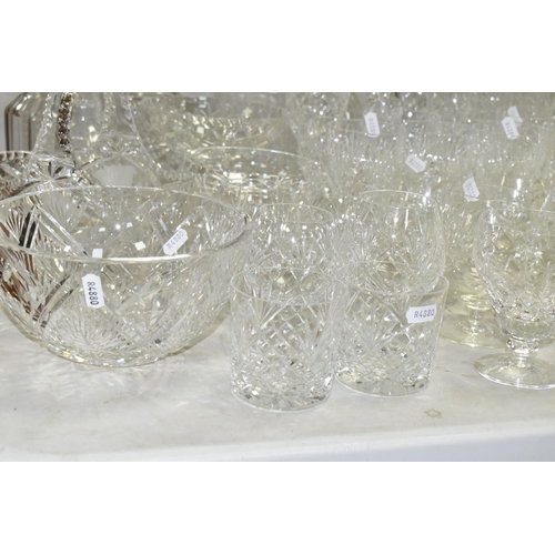 516 - A QUANTITY OF CUT GLASS WARES ETC, to include eleven decanters including a Stuart example, a gilt mo... 