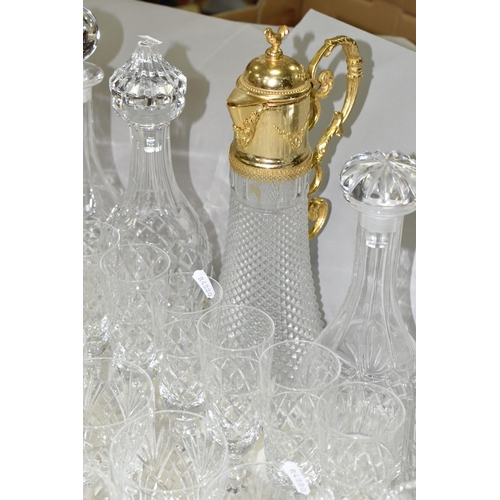 516 - A QUANTITY OF CUT GLASS WARES ETC, to include eleven decanters including a Stuart example, a gilt mo... 