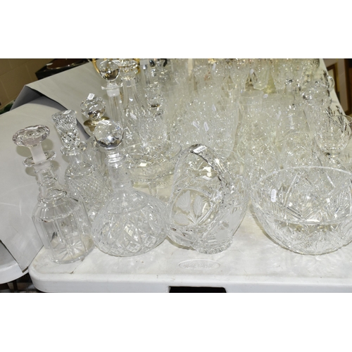 516 - A QUANTITY OF CUT GLASS WARES ETC, to include eleven decanters including a Stuart example, a gilt mo... 