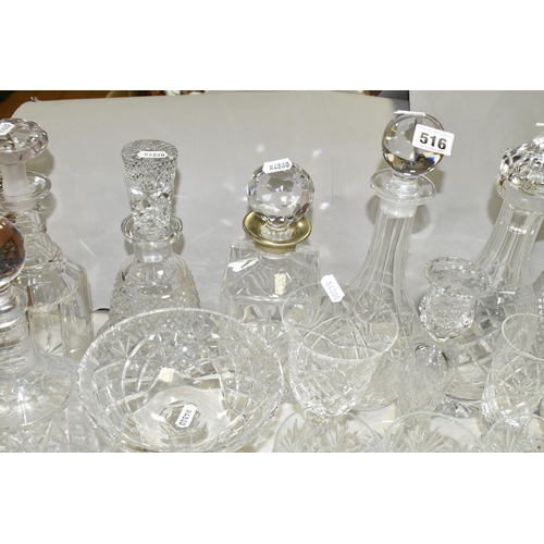 516 - A QUANTITY OF CUT GLASS WARES ETC, to include eleven decanters including a Stuart example, a gilt mo... 