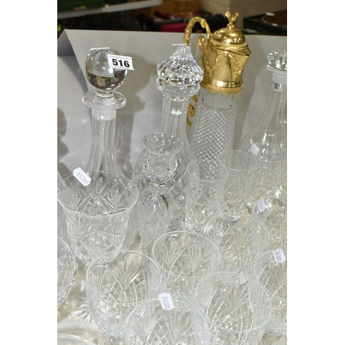 516 - A QUANTITY OF CUT GLASS WARES ETC, to include eleven decanters including a Stuart example, a gilt mo... 