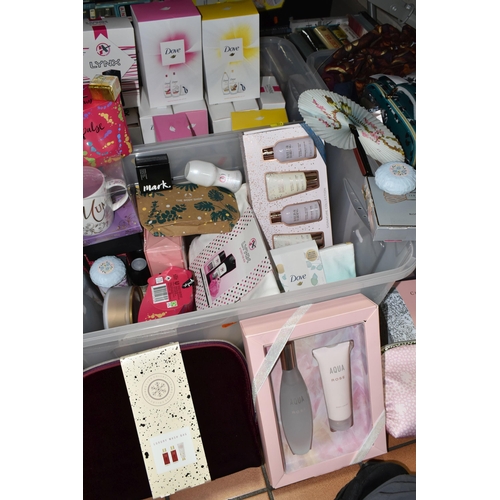 517 - THREE BOXES OF LADIES' GIFT SETS, MAKEUP BAGS AND TOILETRIES, to include seventeen unused make-up an... 