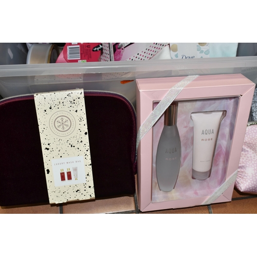 517 - THREE BOXES OF LADIES' GIFT SETS, MAKEUP BAGS AND TOILETRIES, to include seventeen unused make-up an... 