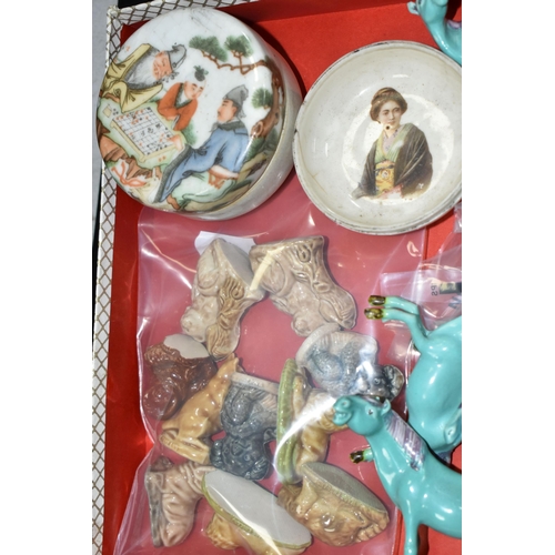 532 - A BOX AND LOOSE GLASS STOPPERS, POSTCARDS AND CERAMICS, to include a collection of crystal, glass an... 