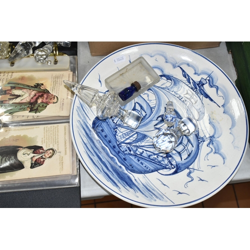 532 - A BOX AND LOOSE GLASS STOPPERS, POSTCARDS AND CERAMICS, to include a collection of crystal, glass an... 