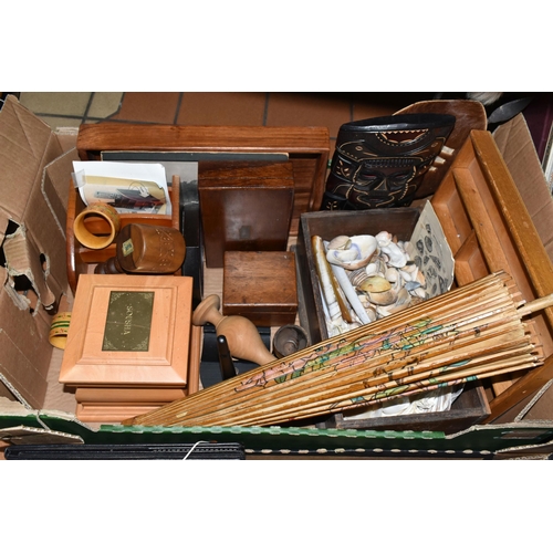 536 - TWO BOXES AND LOOSE METAL WARE, WALKING STICKS AND SUNDRY ITEMS, to include a cast iron doorstop in ... 