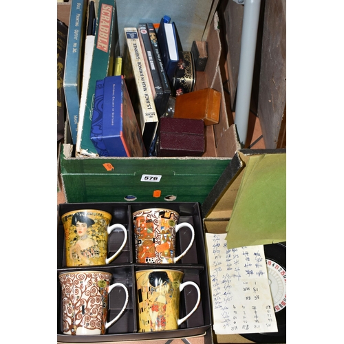 576 - TWO BOXES AND LOOSE PICTURES AND SUNDRY ITEMS, to include a boxed Roulette game, a small cased cryst... 