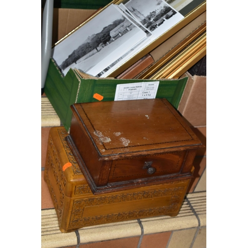 576 - TWO BOXES AND LOOSE PICTURES AND SUNDRY ITEMS, to include a boxed Roulette game, a small cased cryst... 