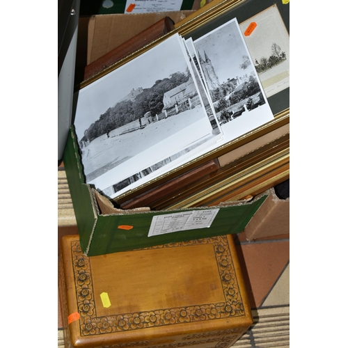 576 - TWO BOXES AND LOOSE PICTURES AND SUNDRY ITEMS, to include a boxed Roulette game, a small cased cryst... 