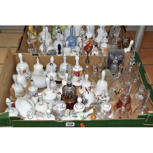 326 - TWO BOXES OF DECORATIVE CERAMIC AND GLASS BELLS, over eighty bells, including crystal examples, figu... 