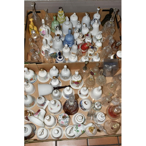 326 - TWO BOXES OF DECORATIVE CERAMIC AND GLASS BELLS, over eighty bells, including crystal examples, figu... 