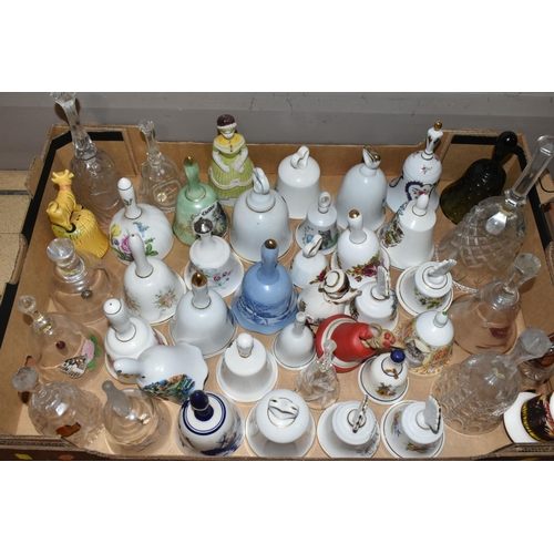 326 - TWO BOXES OF DECORATIVE CERAMIC AND GLASS BELLS, over eighty bells, including crystal examples, figu... 